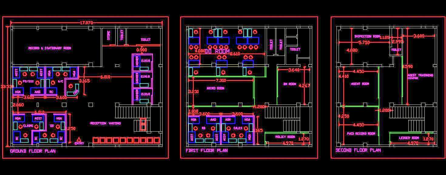 Bank Insurance Office Branch Layout DWG G+2 Floor Design